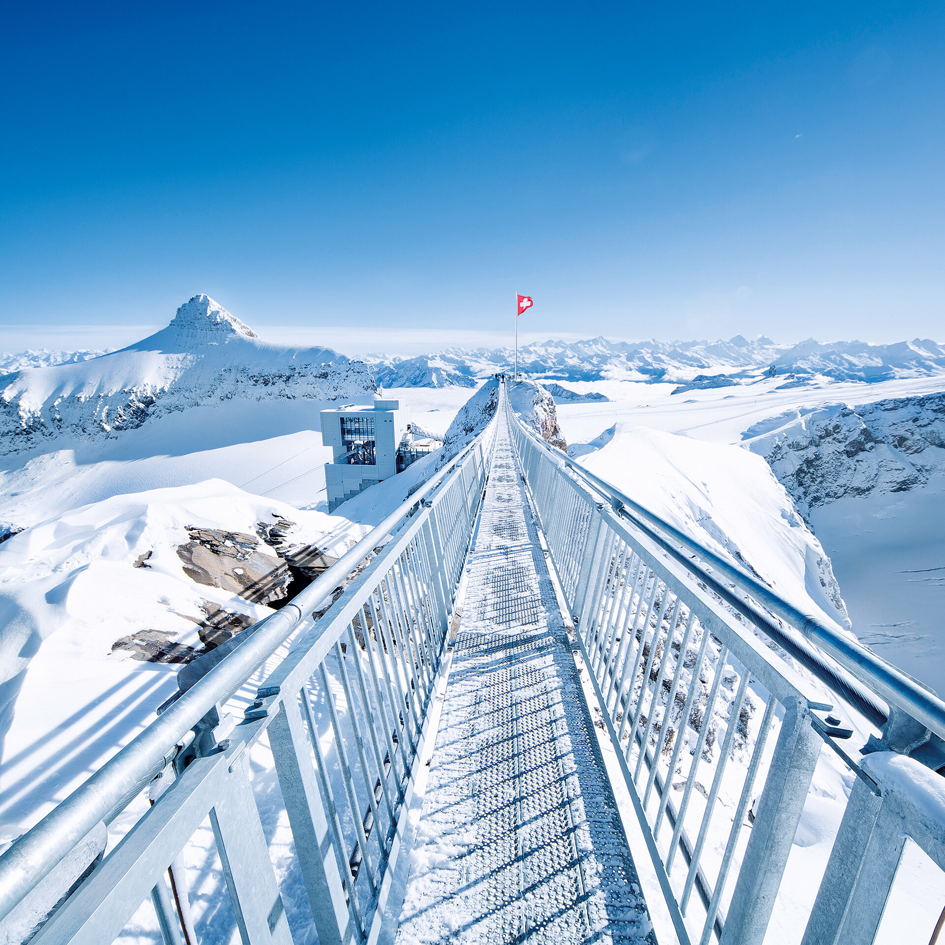 Die Hängebrücke «Peak Walk» auf dem Glacier 3000 vor verschneiter Bergkulisse und Bergrestaurant Botta.