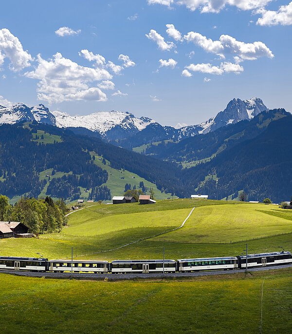 Im Vordergrund fährt eine dunkelblau/weisse Zugskomposition, dahinter sieht man grüne Hügel und zuhinterst weissverschneite Bergspitzen