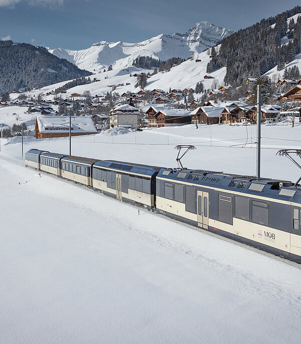 Eine dunkelblau/weisse Zugkomposition verlässt ein Dorf und fährt durch eine verschneite Landschaft. Der Zug besteht aus fünf Wagen.