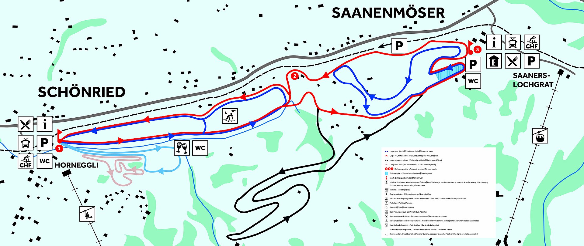 Auf dem Bild ist eine Karte mit dem Langlaufgebiet Schönried - Saanenmöser abgebildet. Die karte zeigt die zwei Dörfer Schönried und Saanenmöser. Dazwischen sind mehrere Langlaufrouten abgebildet, in einer groben Ansicht.