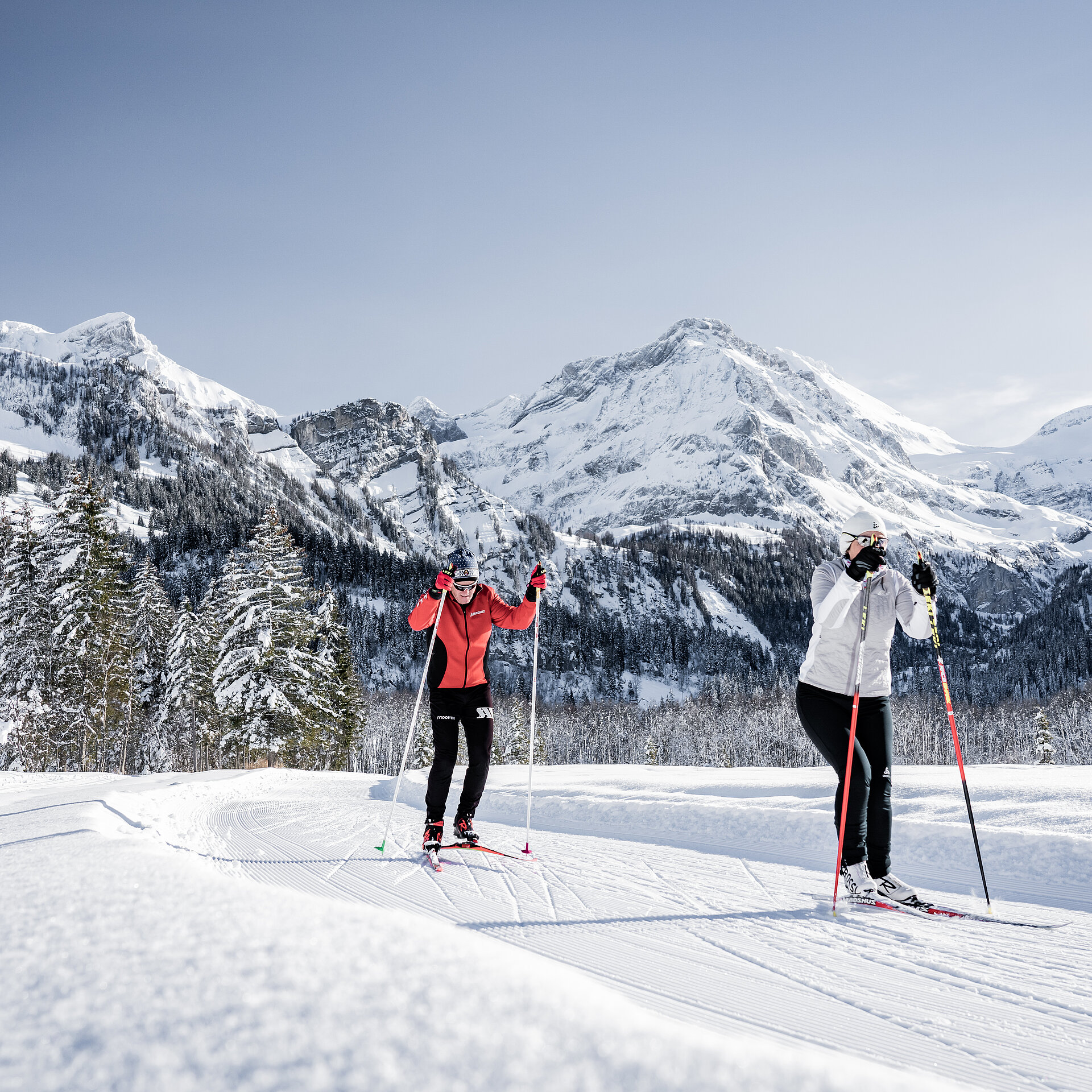 Ein Ehepaar, in rot und weiss gekleidet, am Langlaufen auf einer Loipe vor verschneitem Bergpanorama.