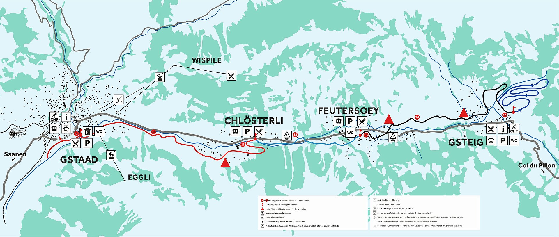 Auf dem Bild ist eine Karte mit dem Langlaufgebiet Gstaad - Gsteig abgebildet. Auf der Karte sind die Dörfer Gstaad, Chlösterli, Feutersoey und Gsteig erkennbar. Die Loipe zieht sich von Gstaad bis Gsteig, wobei es in Gsteig noch eine extra Schlaufe gibt.