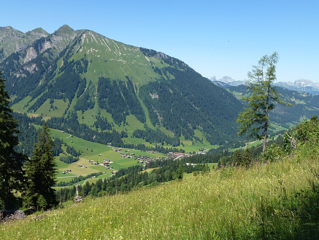 Blick auf ein grünes Tal mit einem kleine Dorf und vielen Bergen.
