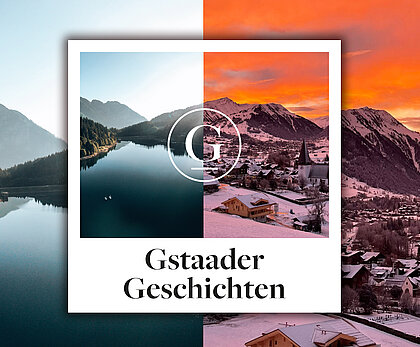 Gstaader Geschichten Links ein Bergsee mit Bergen im Hintergrund, rechts verschneite Winterlandschaft mit Kirche und Dorf, im Hintergrund Sonnenaufgang. In der Mitte die gleichen Bilder mit dem Text "Gstaader Geschichten" unterhalb.