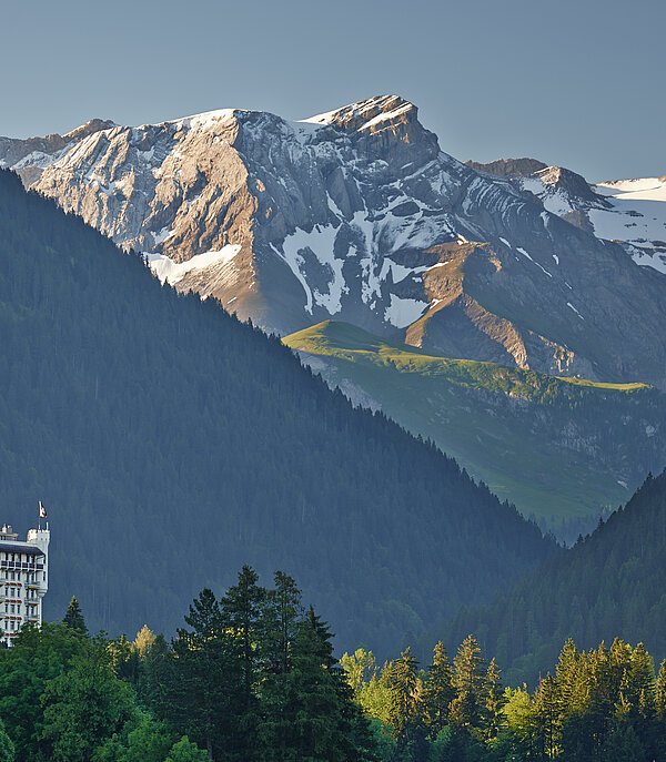 Das Hotel Gstaad Palace ist gebaut wie ein Schloss und überragt den Wald. Im Hintergrund sieht man Schneeberge die von der Morgensonne bestrahlt werden