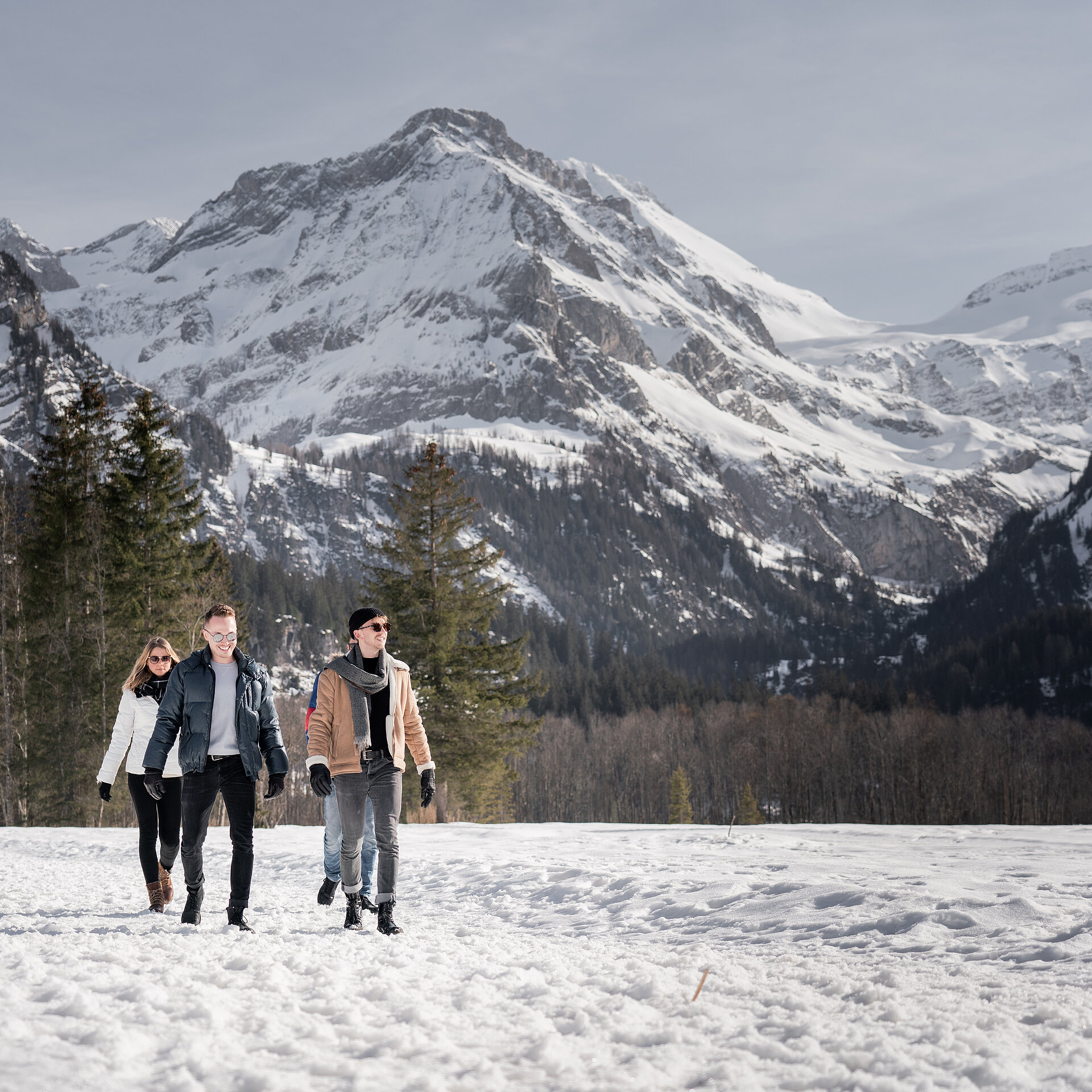 Eine Gruppe von Menschen auf dem Winterwanderweg in Lauenen bzw. Lauenensee.