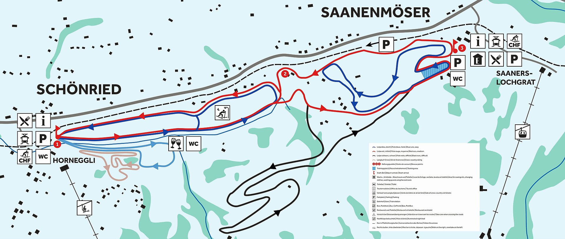 Auf dem Bild ist eine Karte mit dem Langlaufgebiet Schönried - Saanenmöser abgebildet. Die karte zeigt die zwei Dörfer Schönried und Saanenmöser. Dazwischen sind mehrere Langlaufrouten abgebildet, in einer groben Ansicht.