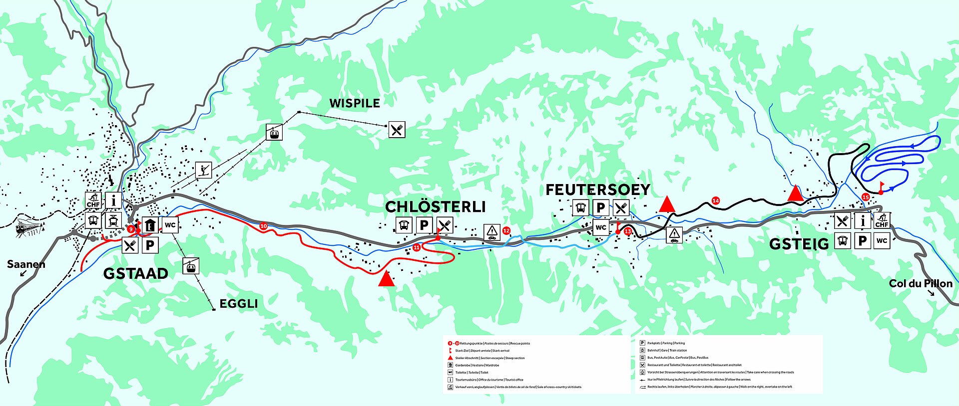 Auf dem Bild ist eine Karte mit dem Langlaufgebiet Gstaad - Gsteig abgebildet. Auf der Karte sind die Dörfer Gstaad, Chlösterli, Feutersoey und Gsteig erkennbar. Die Loipe zieht sich von Gstaad bis Gsteig, wobei es in Gsteig noch eine extra Schlaufe gibt.