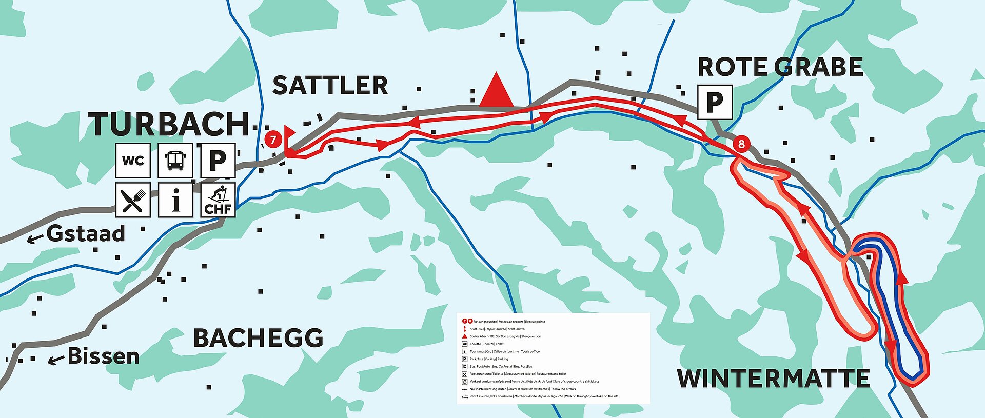 Auf dem Bild ist eine Karte abgebildet, bei dem das Langlaufgebiet Turbach abgebildet ist. Eingezeichnet in der Karte sind 3 verschiedene Loipen.