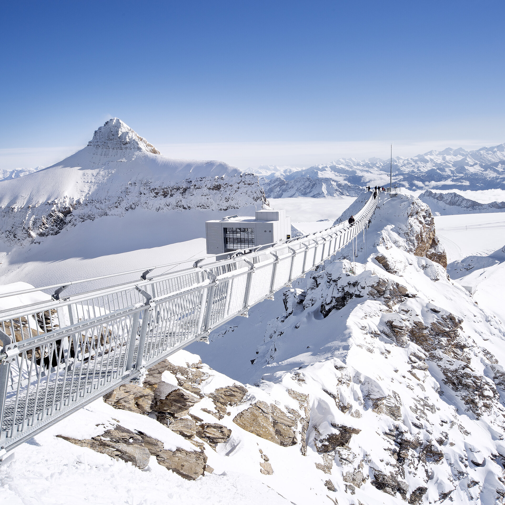 Hochalpines Foto mit Weitblick auf hunderte schneebedeckte Berggipfel. Dem Peak Walk, Hängebrücke welche die Verbindung zwischen zwei Gipfeln herstellt.&nbsp;