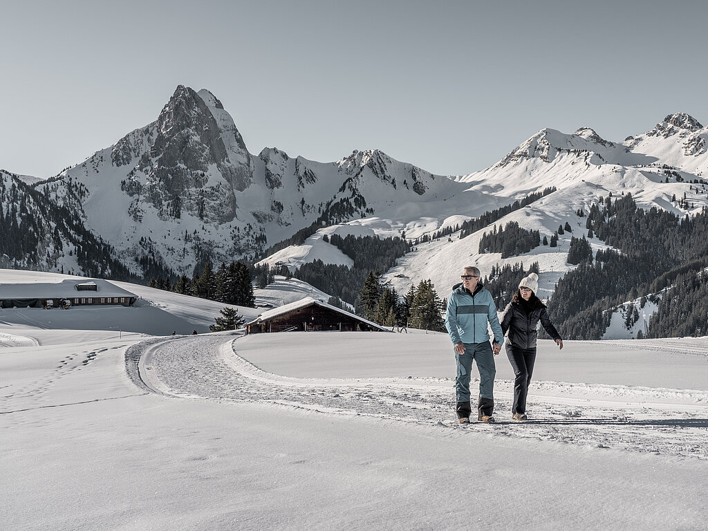 Pärchen wandert Hand in Hand auf einem Winterwanderweg mit verschneiter Bergkulisse