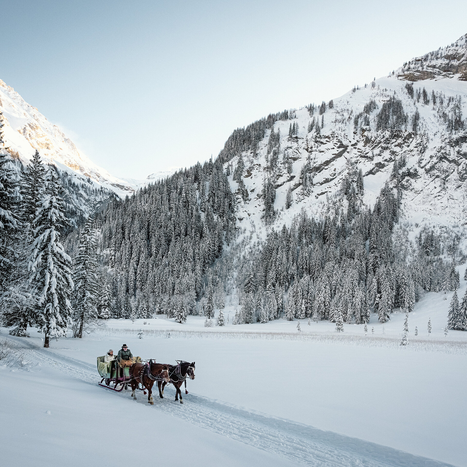 Kutsche mit Pferden fährt am verschneiten Lauenensee entlang.